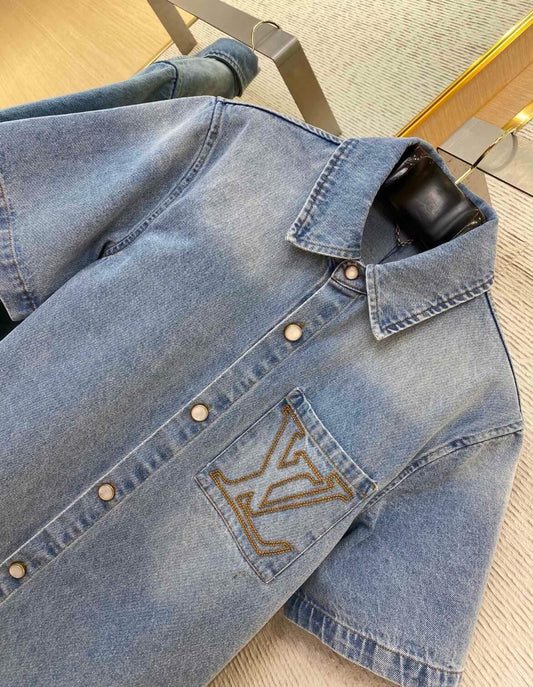 Pocket Letter Embroidered Denim Shirt